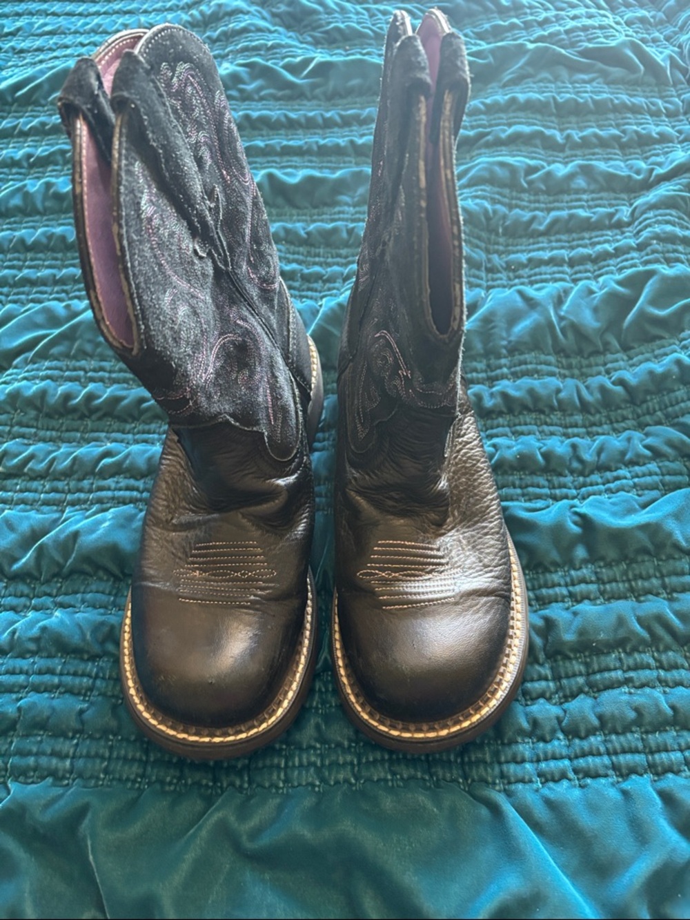 Ariat Black Leather Cowboy Boots with Purple Shaft